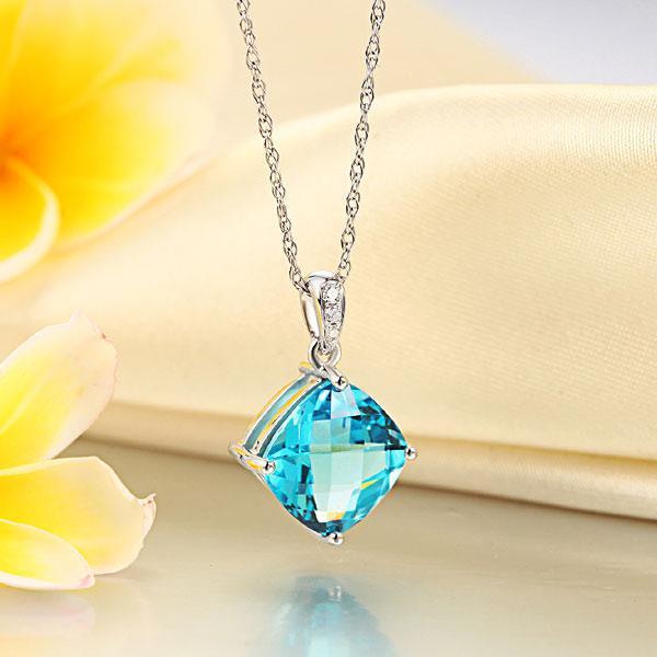 White Gold  2.5 Ct Oval Swiss Blue Topaz, 0.26 CT Pendent Necklace