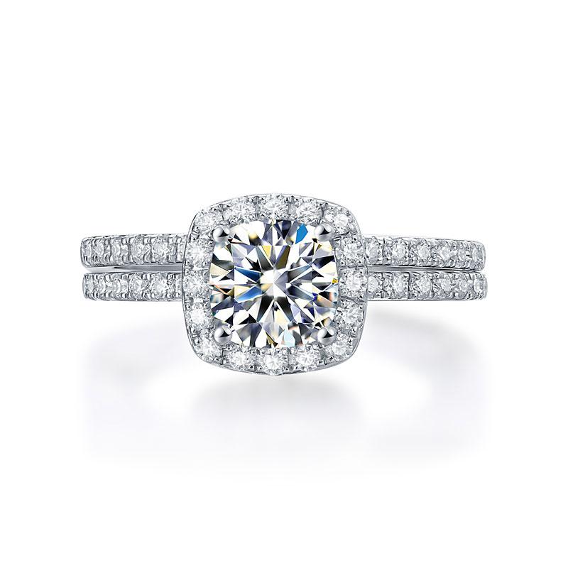 Moissantie Diamond  One Carat Cushion Cut Halo Ring/ Set
