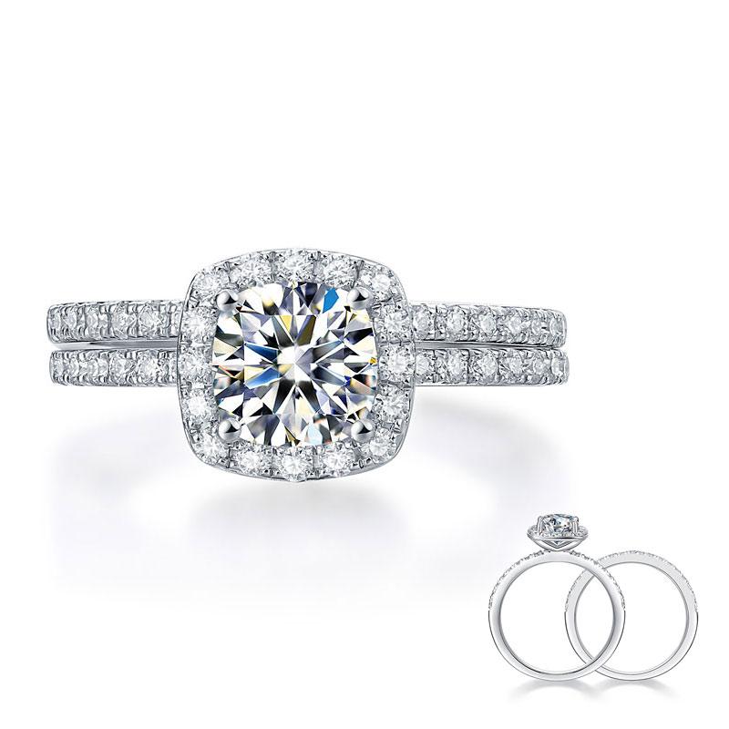 Moissantie Diamond  One Carat Cushion Cut Halo Ring/ Set