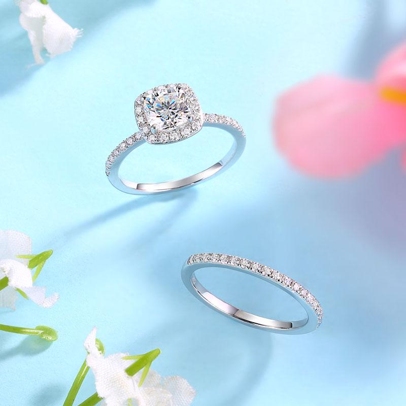 Moissantie Diamond  One Carat Cushion Cut Halo Ring/ Set