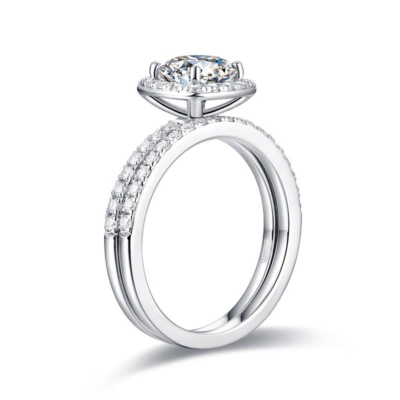 Moissantie Diamond  One Carat Cushion Cut Halo Ring/ Set