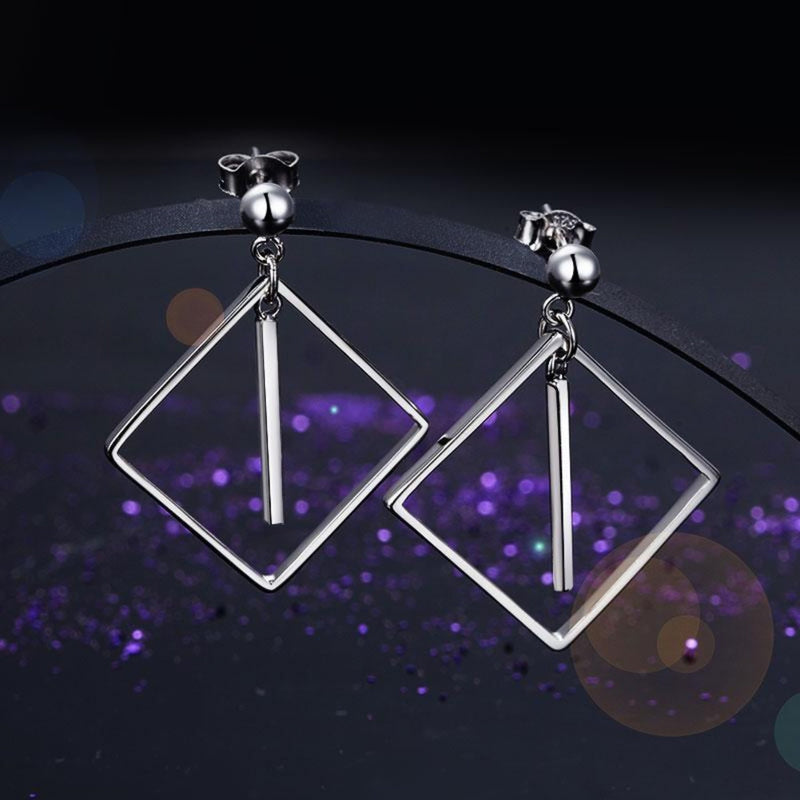 Square Line Silver Dangle Earrings