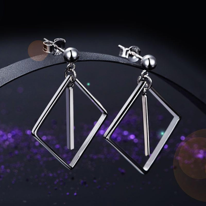 Square Line Silver Dangle Earrings