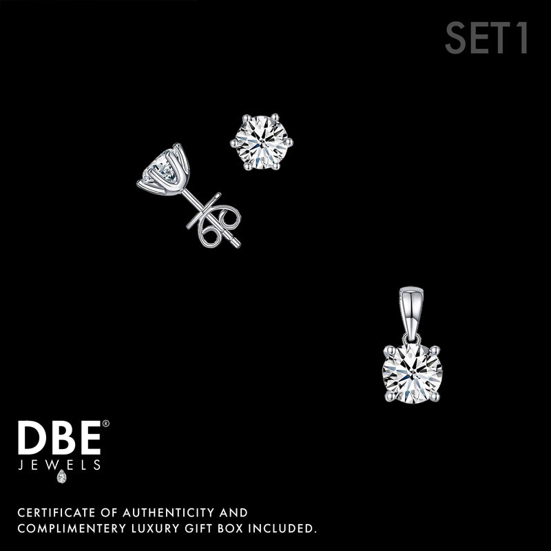 Set 1 | Moissanite 1 CT Pendant Necklace & 2 CT Round Cut Stud Earrings