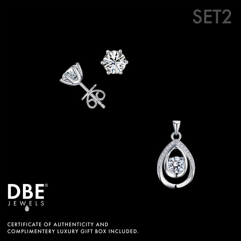 Set 2 | White Sapphire 1 CT Tear Drop Pendant Necklace & 2 CT Round Cut Stud Earrings