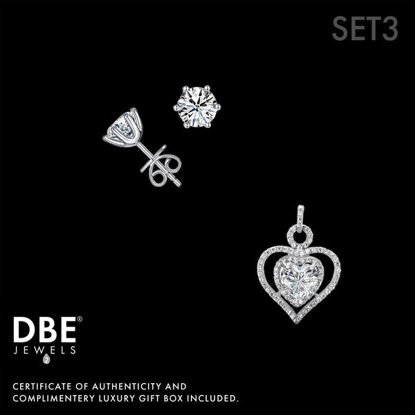 Set 3 | White Sapphire 3 CT Heart Pendant & 2 CT Round Cut Stud Earrings