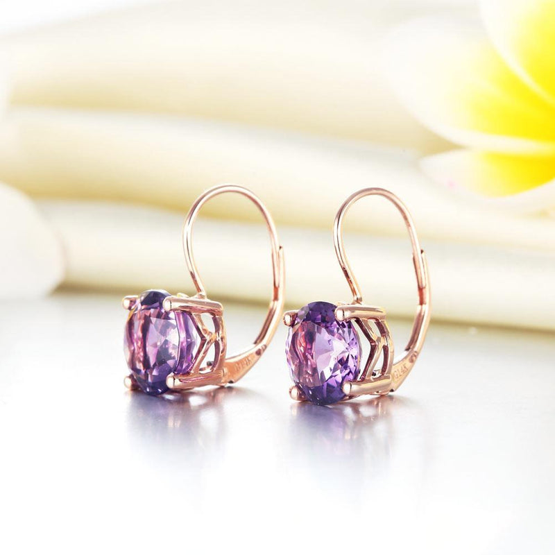 Amethyst Round Cut 2 CT 14K Rose Gold Drop Earrings