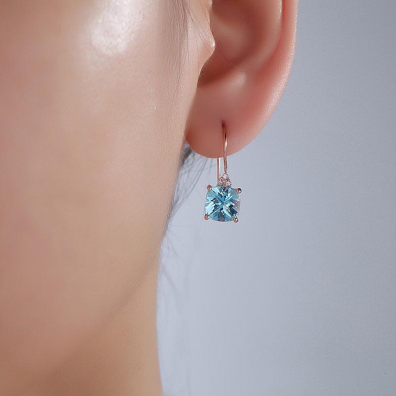 Swiss Blue Cushion Cut 2.5CT/.07 Diamond Drop Earrings