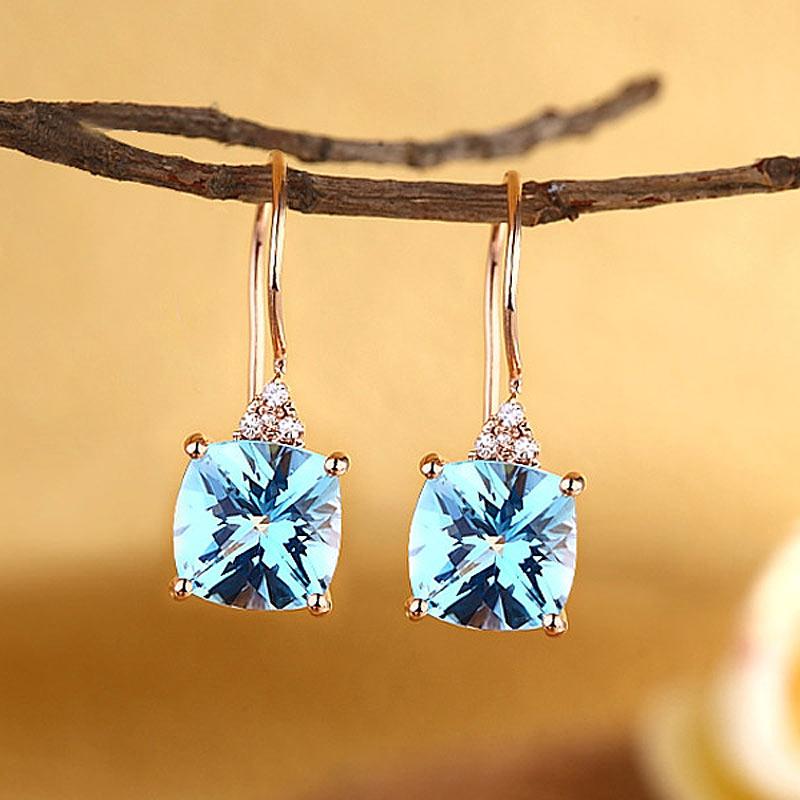 Swiss Blue Cushion Cut 2.5CT/.07 Diamond Drop Earrings