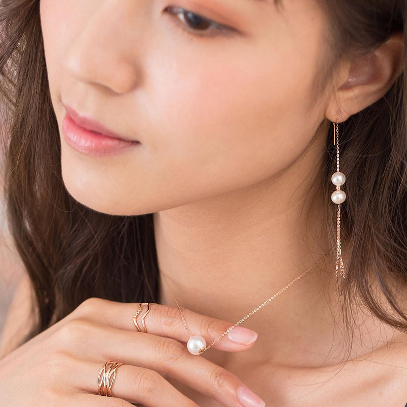 Chained Double Fresh Water Pear Long Line 18K/750 Rose Gold Earrings