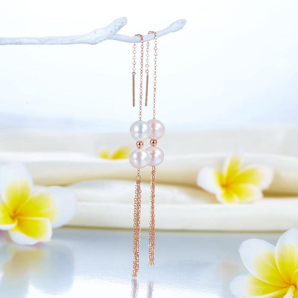 Chained Double Fresh Water Pear Long Line 18K/750 Rose Gold Earrings