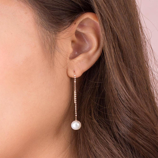 Chained Simplistic 18K/750 Rose Gold Fresh Water Pearl Earrings