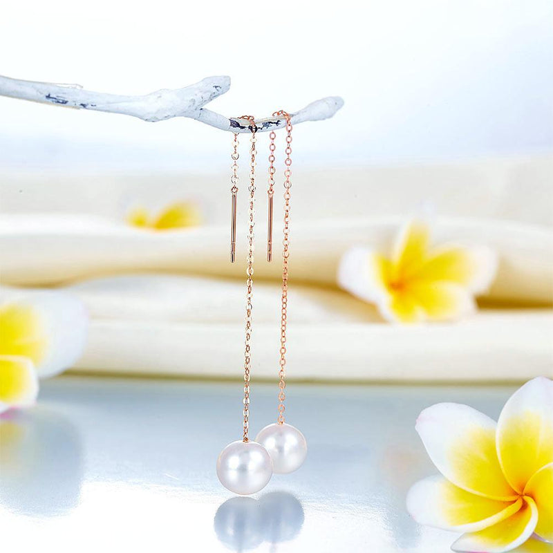 Chained Simplistic 18K/750 Rose Gold Fresh Water Pearl Earrings