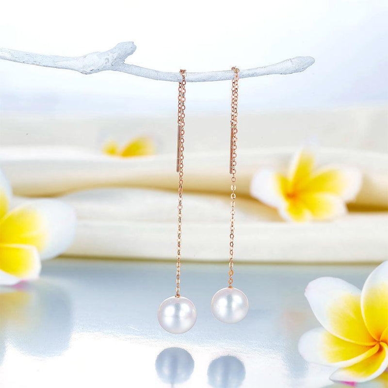Chained Simplistic 18K/750 Rose Gold Fresh Water Pearl Earrings