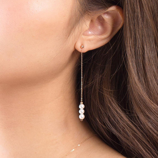 Triple Fresh Water Pearl 18K/750 Rose Gold Long Line Earrings
