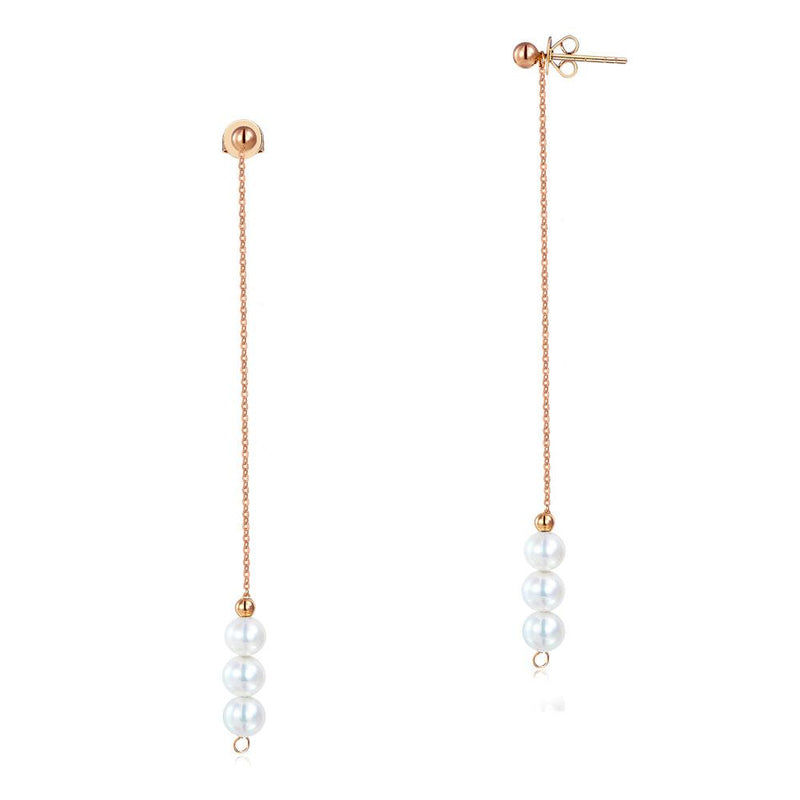 Triple Fresh Water Pearl 18K/750 Rose Gold Long Line Earrings