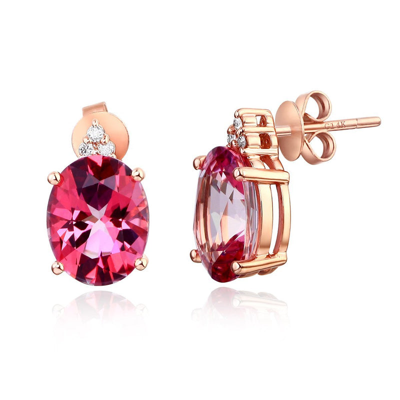 Oval Cut Pink Topaz 3.5CT/.07 Diamonds Drop Stud Earrings