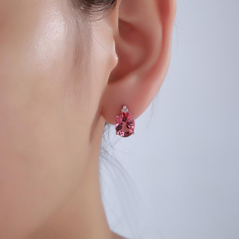 Oval Cut Pink Topaz 3.5CT/.07 Diamonds Drop Stud Earrings