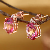 Oval Cut Pink Topaz 3.5CT/.07 Diamonds Drop Stud Earrings