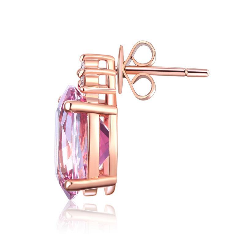 Oval Cut Pink Topaz 3.5CT/.07 Diamonds Drop Stud Earrings