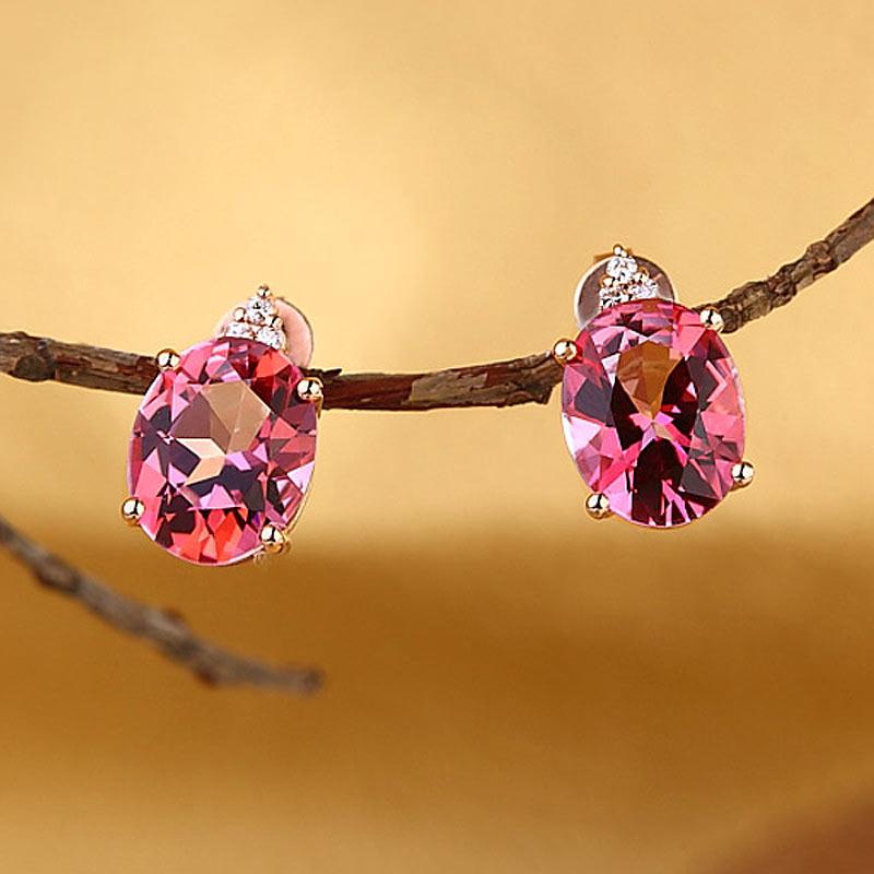Oval Cut Pink Topaz 3.5CT/.07 Diamonds Drop Stud Earrings