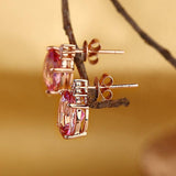 Oval Cut Pink Topaz 3.5CT/.07 Diamonds Drop Stud Earrings