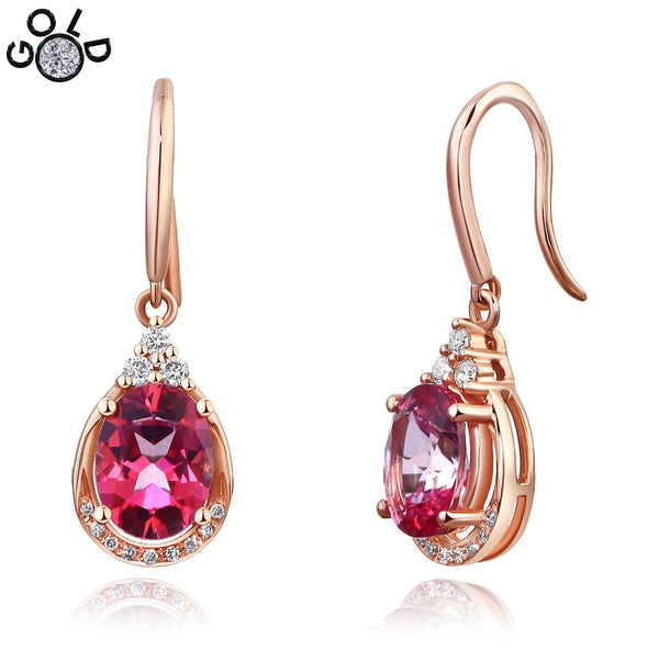 Pink Topaz 1.6 CT / 0.185 CT Diamond 14K Rose Gold Dangle Earrings