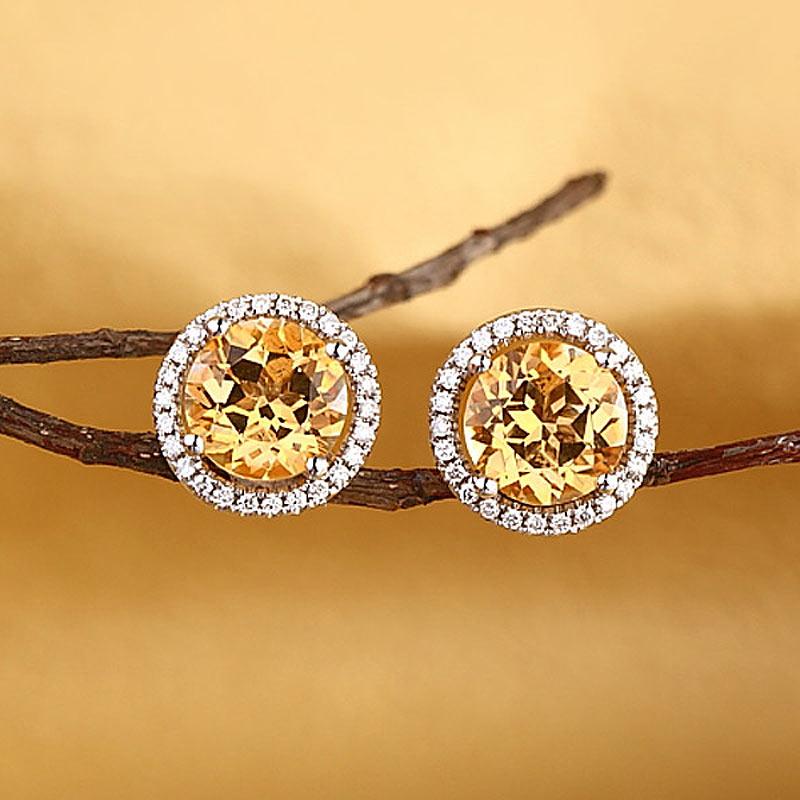 Round Cut Yellow Canary Topaz 2.5 CT/.285 CT Diamonds 14K Gold Studs