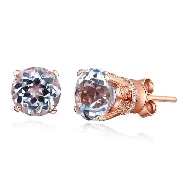 Vintage Round Cut 1.55 CT Topaz/.12 CT Diamonds 14K Rose Gold Studs