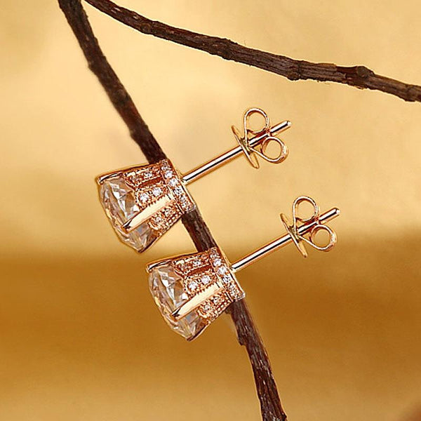 Vintage Round Cut 1.55 CT Topaz/.12 CT Diamonds 14K Rose Gold Studs