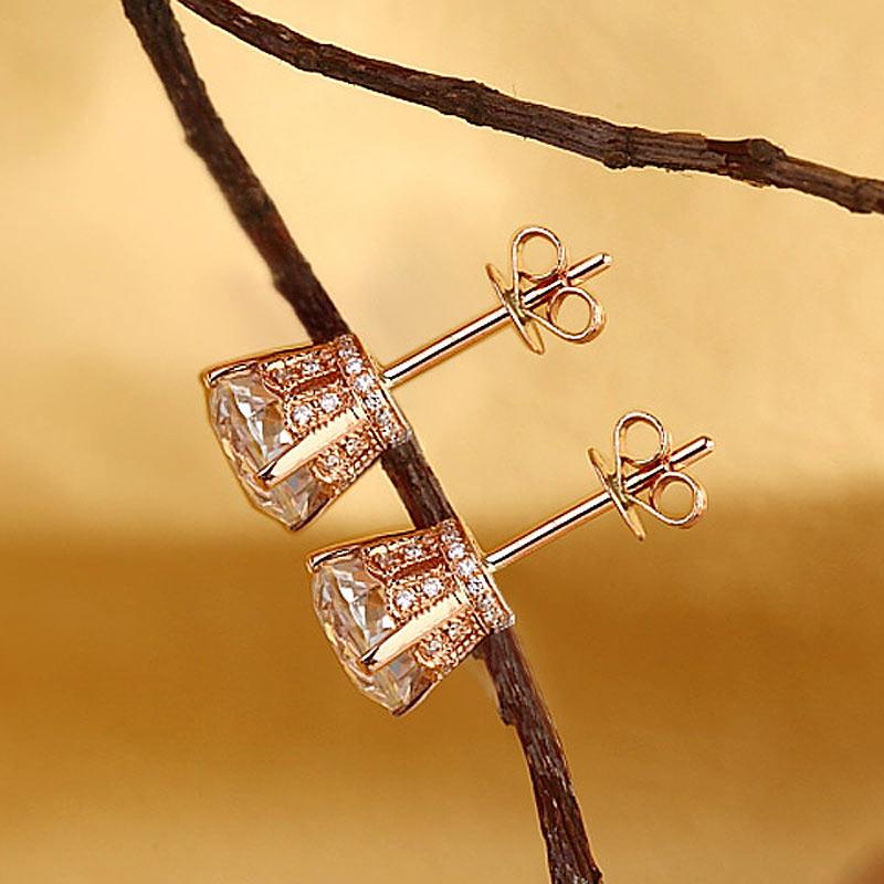 Vintage Round Cut 1.55 CT Topaz/.12 CT Diamonds 14K Rose Gold Studs